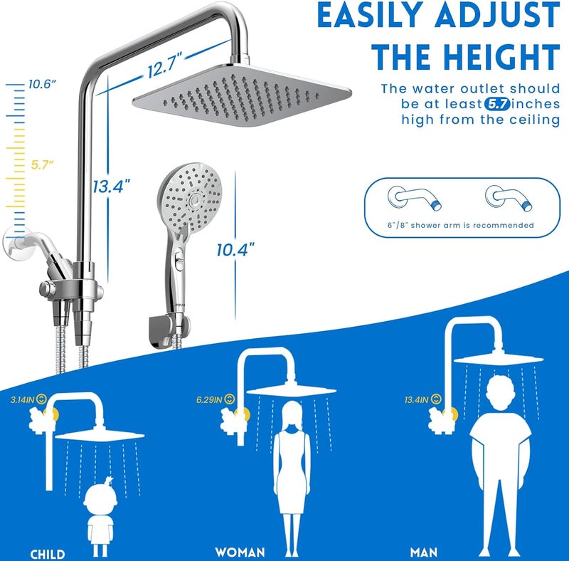 Ryamen Dual Shower Head Combo, 8'' High Pressure Rain Shower Head with Handheld Spray, 6 Settings Handheld Showerhead, 15" Height Adjustable Slide Bar, Angle Adjustable, Chrome Polished - Image 2